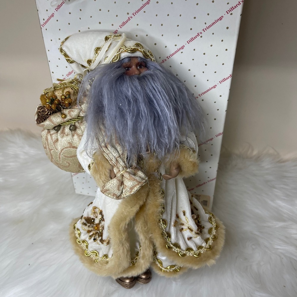 Vintage Dillard's Trimmings 14" Fabric Mache Santa Figurine w/ Box Gold White - Picture 3 of 12